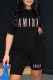 Black Casual Print Letter O Neck Short Sleeve Two Pieces