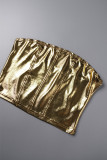 Gold Sexy Solid Patchwork Backless Strapless Sleeveless Two Pieces