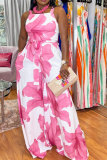 Pink Casual Vacation Simplicity Floral Vests Printing Square Collar Straight Jumpsuits