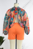 Red Casual Vacation Print Slit Fold Contrast Mandarin Collar Long Sleeve Two Pieces