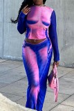 Powder Blue Sexy Casual Print See-through O Neck Long Sleeve Two Pieces
