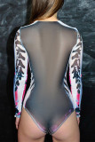 Pink Sexy Letter Patchwork Mesh O Neck Skinny Bodysuits