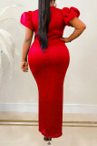 Red Casual Patchwork Hot Drilling Slit V Neck Long Dress Dresses