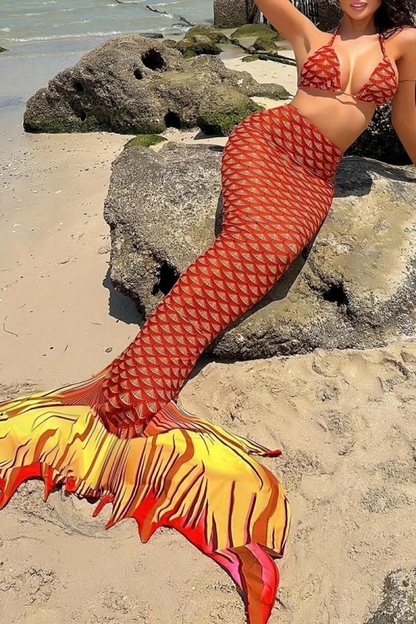 Red Sexy Print Bandage Backless Swimsuit Three Piece Set (With Paddings)