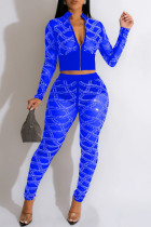 Blue Sexy Patchwork Hot Drilling See-through Zipper Collar Long Sleeve Two Pieces