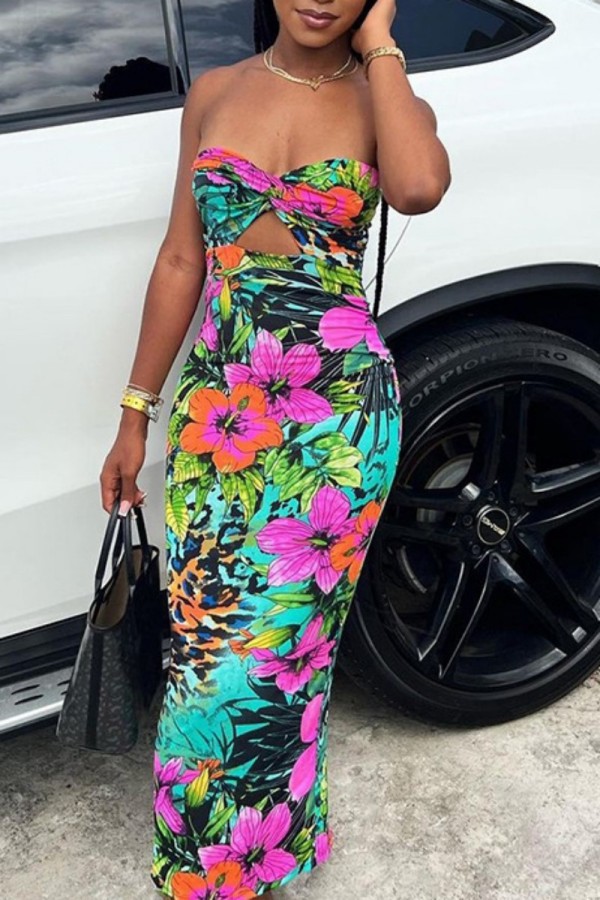 Multicolor Sexy Casual Print Hollowed Out Backless Strapless Long Dress Dresses