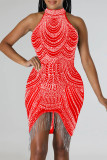 Red Sexy Patchwork Hot Drilling Tassel Half A Turtleneck Sleeveless Dress Dresses