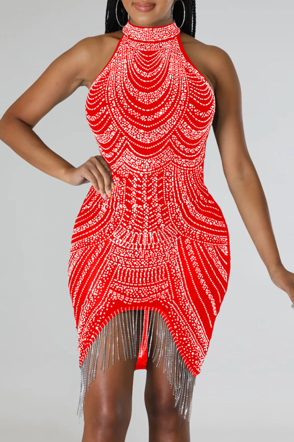 Red Sexy Patchwork Hot Drilling Tassel Half A Turtleneck Sleeveless Dress Dresses