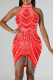 Red Sexy Patchwork Hot Drilling Tassel Half A Turtleneck Sleeveless Dress Dresses