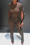 Black Sexy Dot Print See-through O Neck Short Sleeve Two Pieces