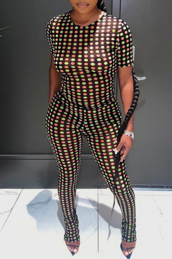 Black Sexy Dot Print See-through O Neck Short Sleeve Two Pieces