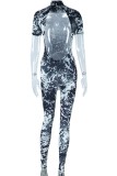 Black Casual Print Backless Half A Turtleneck Skinny Jumpsuits