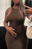 Coffee Sexy Casual Solid Basic O Neck Long Dress Dresses