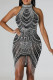 Black Sexy Patchwork Hot Drilling Tassel Half A Turtleneck Sleeveless Dress Dresses