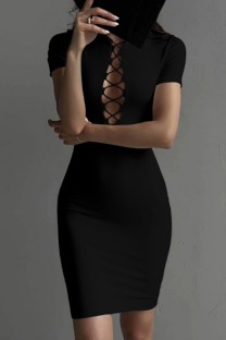 Black Casual Solid Hollowed Out O Neck Short Sleeve Dress