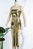 Gold Sexy Solid Patchwork Backless Strapless Sleeveless Two Pieces