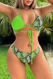 Fluorescent Green Sexy Print Bandage Backless Swimsuit Three Piece Set (With Paddings)