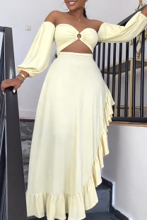 Yellow Celebrities Solid Hollowed Out Backless Off the Shoulder Asymmetrical Dresses