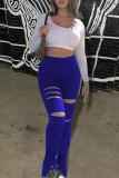 Blue Casual Solid Hollowed Out Slit Skinny High Waist Conventional Solid Color Trousers