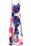Leaf Print Sweet Print Floral Patchwork Backless Spaghetti Strap A Line Dresses