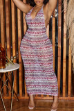 Red Green Sexy Print Metal Accessories Decoration Backless Mesh Halter Wrapped Skirt Dresses