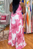 Pink Casual Vacation Simplicity Floral Vests Printing Square Collar Straight Jumpsuits