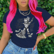 Navy Blue Street Daily Print Patchwork O Neck T-Shirts