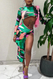 Green Street Print Hollowed Out Patchwork High Opening O Neck Irregular Dress Dresses