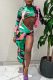 Green Street Print Hollowed Out Patchwork High Opening O Neck Irregular Dress Dresses