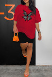 Red Casual Print Basic O Neck Short Sleeve Two Pieces