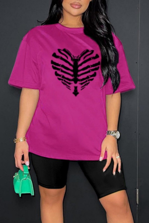 Rose Red Black Casual Print Basic O Neck Short Sleeve Two Pieces