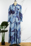 Blue Casual Print Patchwork Turndown Collar Long Dress Dresses