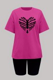 Rose Red Black Casual Print Basic O Neck Short Sleeve Two Pieces
