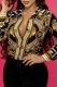 Gold Elegant Figure Print Patchwork Turndown Collar Tops