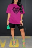 Rose Red Black Casual Print Basic O Neck Short Sleeve Two Pieces