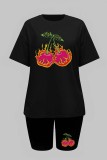 Black Casual Print Basic O Neck Short Sleeve Two Pieces