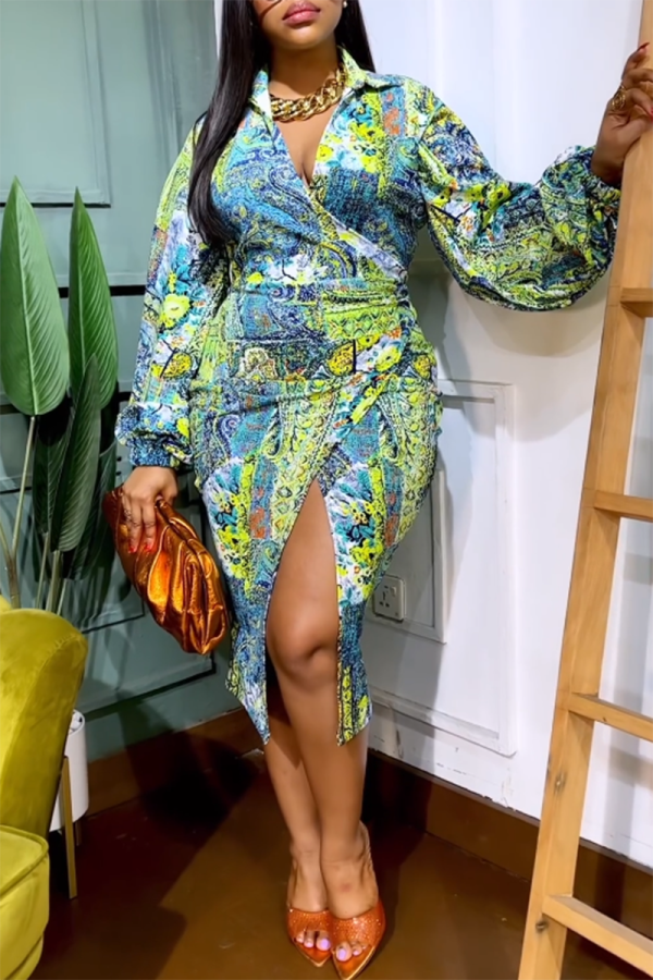 Green Casual Daily Elegant Simplicity Asymmetrical Printing Contrast Shirt Collar Long Sleeve Dresses