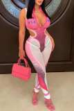 Pink Sexy Print Hollowed Out Zipper Collar Sleeveless Two Pieces