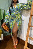 Green Casual Daily Elegant Simplicity Asymmetrical Printing Contrast Shirt Collar Long Sleeve Dresses