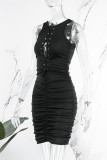 Orange Red Sexy Casual Solid Hollowed Out Fold O Neck Sleeveless Dress Dresses