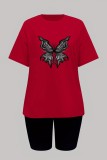 Red Casual Print Basic O Neck Short Sleeve Two Pieces