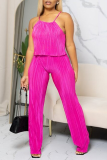 Rose Red Casual Solid Fold Reflective Spaghetti Strap Sleeveless Two Pieces