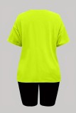 Fluorescent Green Casual Print Basic O Neck Short Sleeve Two Pieces