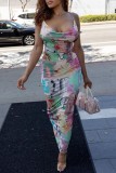 Colour Sexy Print Backless Spaghetti Strap Long Dress Dresses