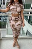 Camouflage Casual Camouflage Print Basic Turtleneck Short Sleeve Two Pieces