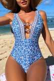 Blue Sexy Print Hollowed Out Backless Swimwears (With Paddings)