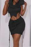 Grey Sexy Solid Asymmetrical Hooded Collar Sleeveless Two Pieces