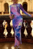 Purple Casual Print Basic O Neck Long Sleeve Dresses