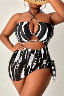 Black Sexy Print Bandage Hollowed Out Backless Halter Plus Size Swimwear (With Paddings)