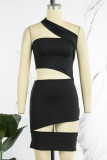 Black Sexy Solid Hollowed Out Fold Oblique Collar One Step Skirt Dresses